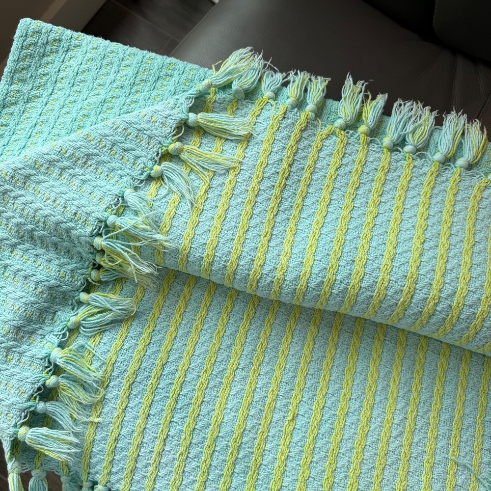 Vtg Knit Blanket Blue Yellow Fringe Unisex Cotton Throw Blanket - Picture 4 of 14